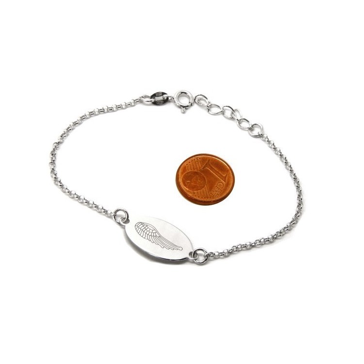 RMB|ARGENTO 925 bracciale rolo' uomo donna targa ovale incisione laser ali di angelo cm 16,00 - 18,50