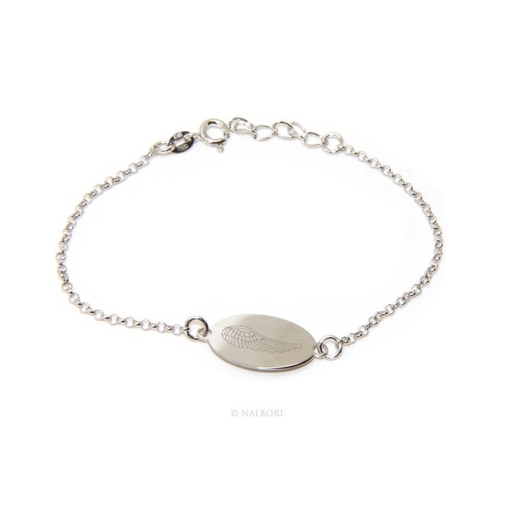 RMB|ARGENTO 925 bracciale rolo' uomo donna targa ovale incisione laser ali di angelo cm 16,00 - 18,50