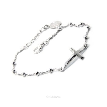 RMB|Bracciale rosario uomo donna in Argento 925 madonna miracolosa , croce convessa . Mis 16,00 - 19,00 cm