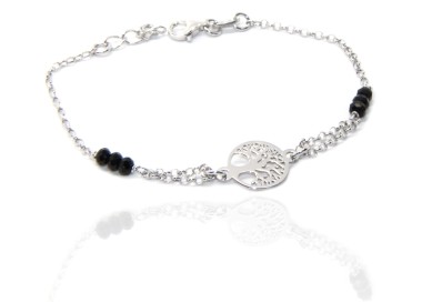 RMB|Bracciale uomo donna ragazzo Argento 925 lavorazione a rosario cristallo nero con Albero della Vita centrale 15,50-18,50