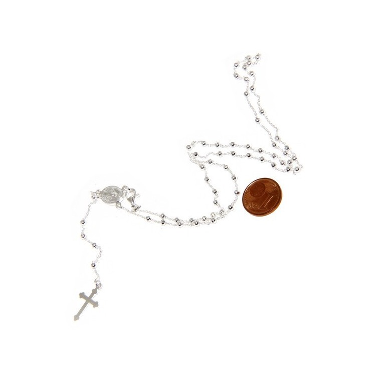 RMB|Man or Woman Rosary Necklace in 925 Sterling Silver Balls 2.5mm Miraculous Madonna Cross