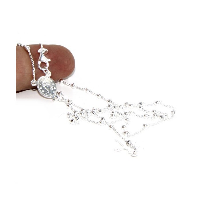RMB|Man or Woman Rosary Necklace in 925 Sterling Silver Balls 2.5mm Miraculous Madonna Cross