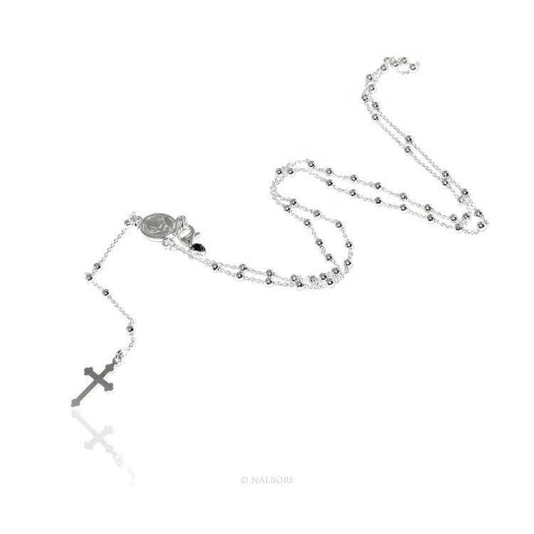 RMB|Man or Woman Rosary Necklace in 925 Sterling Silver Balls 2.5mm Miraculous Madonna Cross