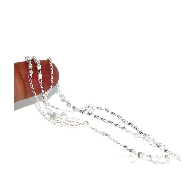 RMB|Collana rosario uomo o donna in Argento 925 palline diamantate 3mm croce madonna miracolosa