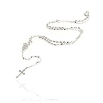 RMB|Man or Woman Rosary Necklace in 925 Sterling Silver Diamond Balls 3mm Cross Miraculous Madonna
