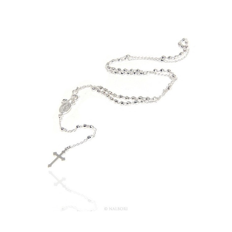 RMB|Collana rosario uomo o donna in Argento 925 palline diamantate 3mm croce madonna miracolosa