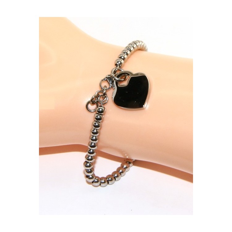RMB|Acciaio donna anallergico cromato bracciale palline con cuore liscio 15,00 17,00 cm