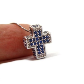 RMB|Silver 925: Necklace Collier man Venetian woman 45 cm and 3D cross with blue zircons pavé