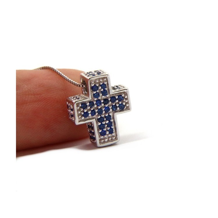 RMB|Silver 925: Necklace Collier man Venetian woman 45 cm and 3D cross with blue zircons pavé