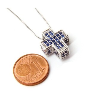 RMB|Silver 925: Necklace Collier man Venetian woman 45 cm and 3D cross with blue zircons pavé