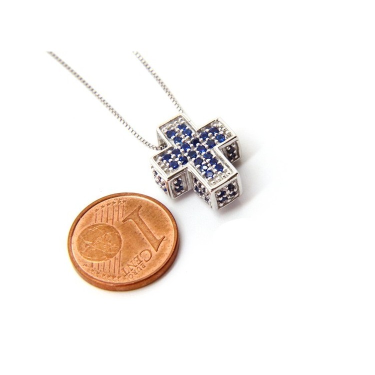 RMB|Silver 925: Necklace Collier man Venetian woman 45 cm and 3D cross with blue zircons pavé