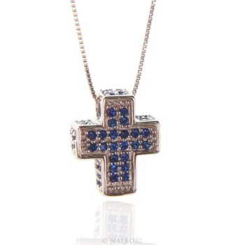 RMB|Argento 925 : Collana Collier uomo donna veneziana 45 cm e croce 3D a pavè di zirconi BLU