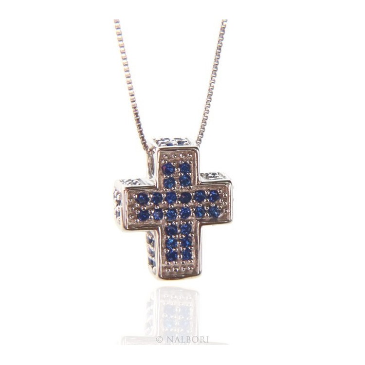 RMB|Argento 925 : Collana Collier uomo donna veneziana 45 cm e croce 3D a pavè di zirconi BLU