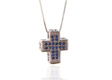 RMB|Silver 925: Necklace Collier man Venetian woman 45 cm and 3D cross with blue zircons pavé