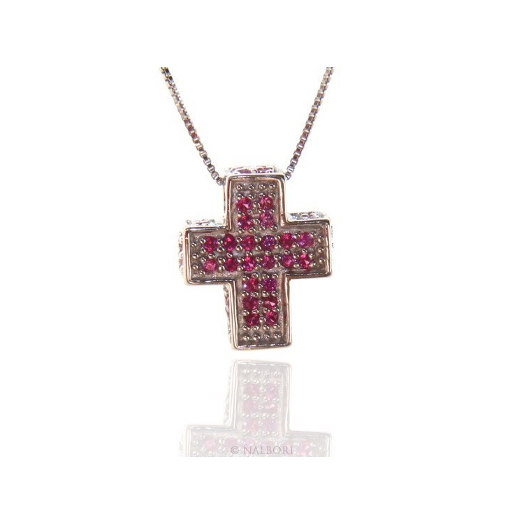 RMB|Argento 925 : Collana Collier uomo donna veneziana 45 cm e croce 3D a pavè di zirconi ROSSO rubino