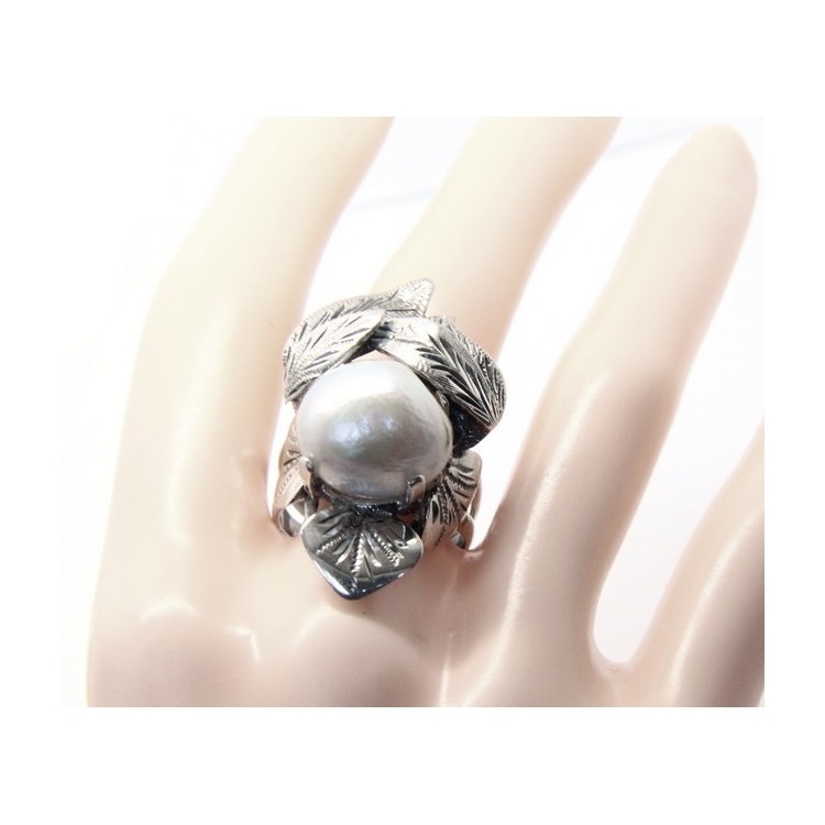 RMB|Argento 925 : Anello donna realizzato a mano con foglie e perla barocca misura 16