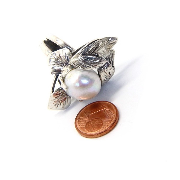 RMB|Argento 925 : Anello donna realizzato a mano con foglie e perla barocca misura 16