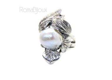 RMB|Argento 925 : Anello donna realizzato a mano con foglie e perla barocca misura 16
