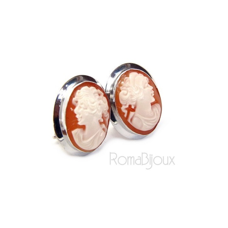 RMB|Argento 925 : Orecchini al lobo con vero cammeo corniola profilo di donna