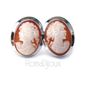 RMB|Argento 925 : Orecchini al lobo con vero cammeo corniola profilo di donna