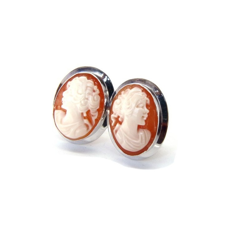 RMB|Argento 925 : Orecchini al lobo con vero cammeo corniola profilo di donna