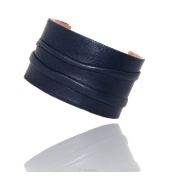 RMB|Bracciale donna schiava aperto regolabile rivestito in vera pelle blu scuro NALBORI®
