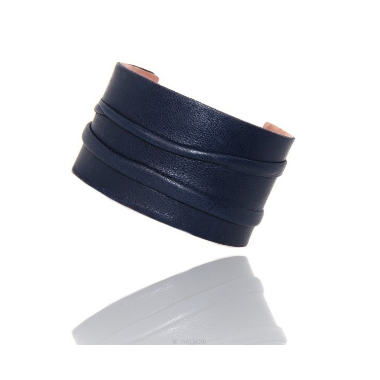RMB|Adjustable open slaved woman bracelet dressed in genuine dark blue leather NALBORI®