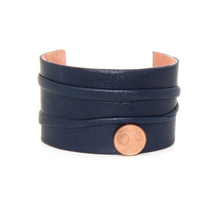 RMB|Adjustable open slaved woman bracelet dressed in genuine dark blue leather NALBORI®