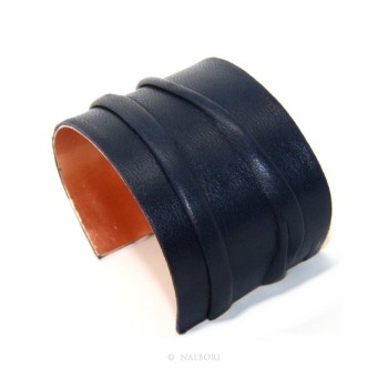RMB|Adjustable open slaved woman bracelet dressed in genuine dark blue leather NALBORI®