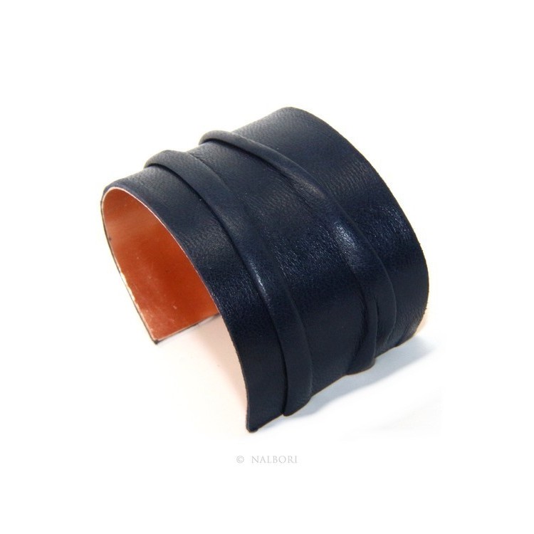 RMB|Adjustable open slaved woman bracelet dressed in genuine dark blue leather NALBORI®