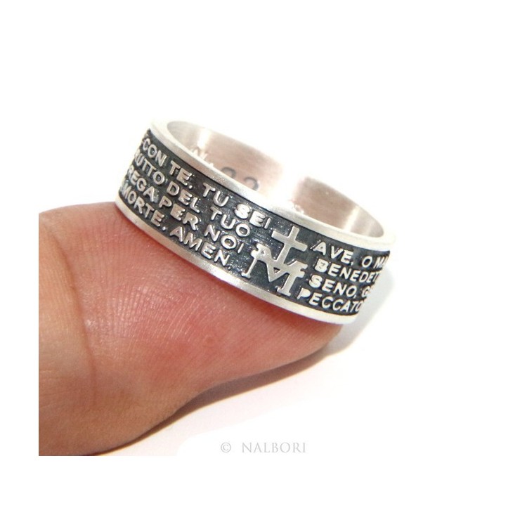 RMB|925 Silver Men's Ring Woman Prayer Band Ave Maria Italian