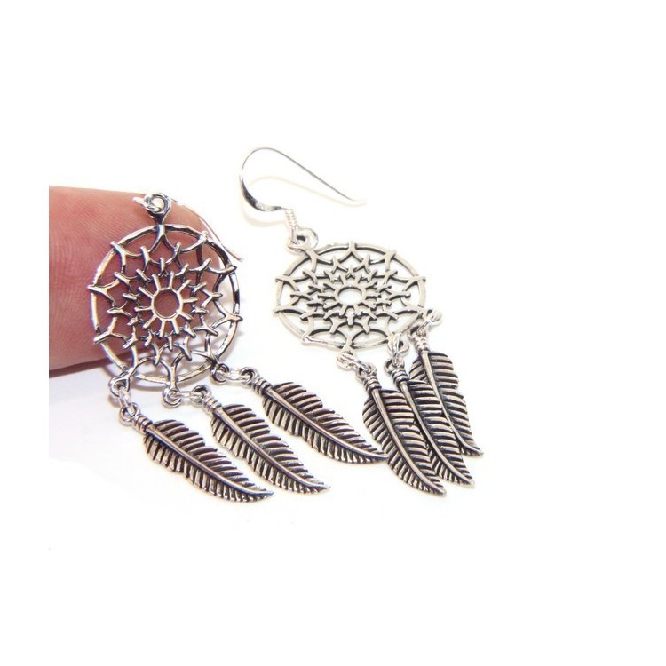 RMB|925, pendants earrings woman with dream catchers catcher and antique dark feathers