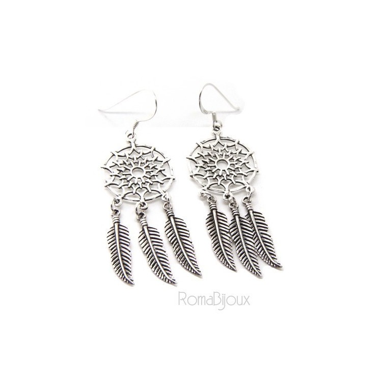 RMB|925, pendants earrings woman with dream catchers catcher and antique dark feathers