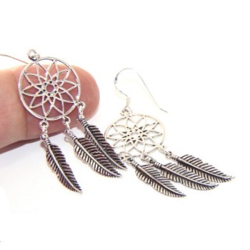 RMB|Argento 925 , orecchini donna pendenti con acchiappasogni dreamcatcher acchiappa sogni e piume scuri anticati