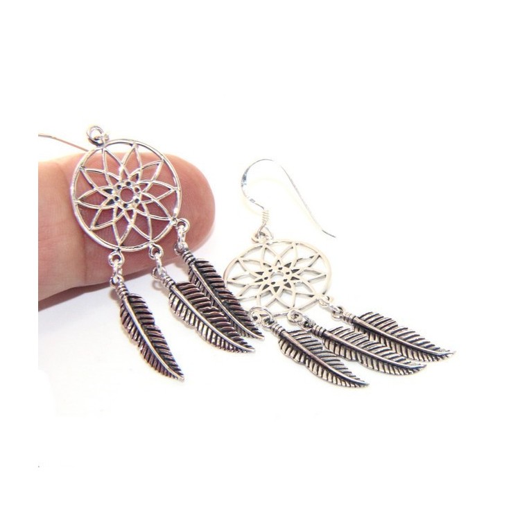 RMB|Argento 925 , orecchini donna pendenti con acchiappasogni dreamcatcher acchiappa sogni e piume scuri anticati