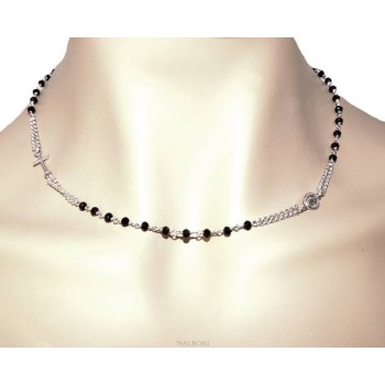 RMB|Collana Rosario uomo Argento 925 Con cristallo nero croce e madonna 45+5 cm
