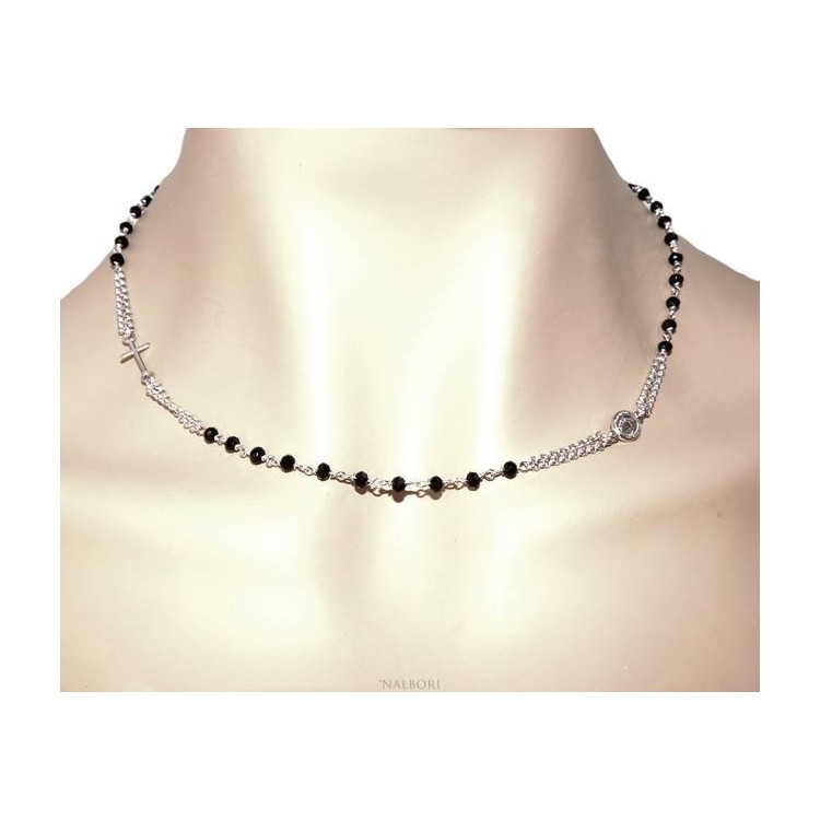 RMB|Rosary Necklace 925 Silver Man With black crystal cross and madonna 45 + 5 cm
