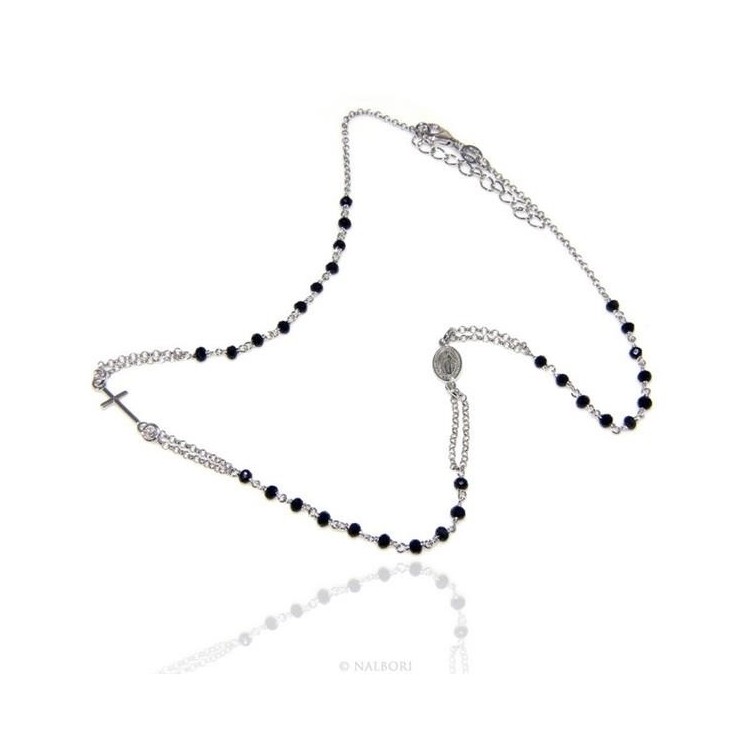 RMB|Collana Rosario uomo Argento 925 Con cristallo nero croce e madonna 66 cm