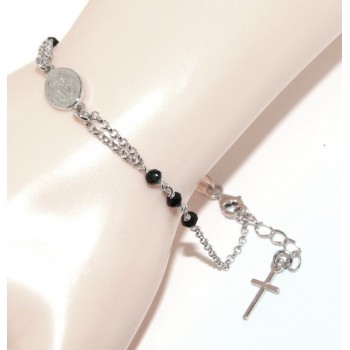 RMB|Rosary bracelet male female 925 sterling silver oval madonna, cross and black crystal 16.00 18.50 cm