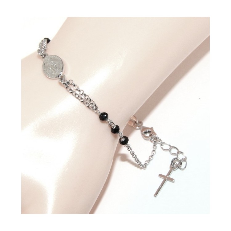 RMB|Rosary bracelet male female 925 sterling silver oval madonna, cross and black crystal 16.00 18.50 cm