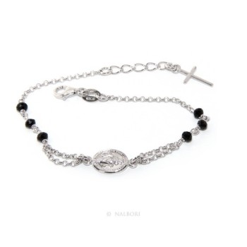 RMB|Rosary bracelet male female 925 sterling silver oval madonna, cross and black crystal 16.00 18.50 cm