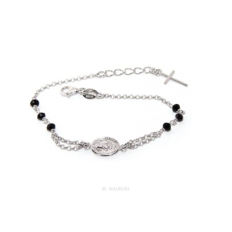 RMB|Bracciale rosario uomo donna in Argento 925 ovale madonna , croce e cristallo nero 16,00 18,50 cm