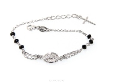 RMB|Bracciale rosario uomo donna in Argento 925 ovale madonna , croce e cristallo nero 16,00 18,50 cm