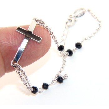RMB|Bracciale rosario uomo donna in Argento 925 croce convessa e cristallo nero. Misura 16,50 - 19,00