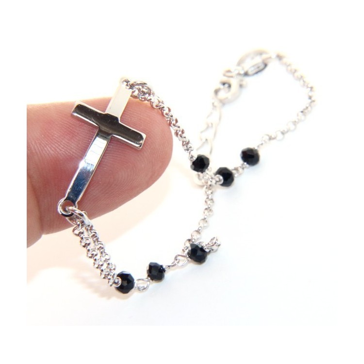RMB|Bracciale rosario uomo donna in Argento 925 croce convessa e cristallo nero. Misura 16,50 - 19,00