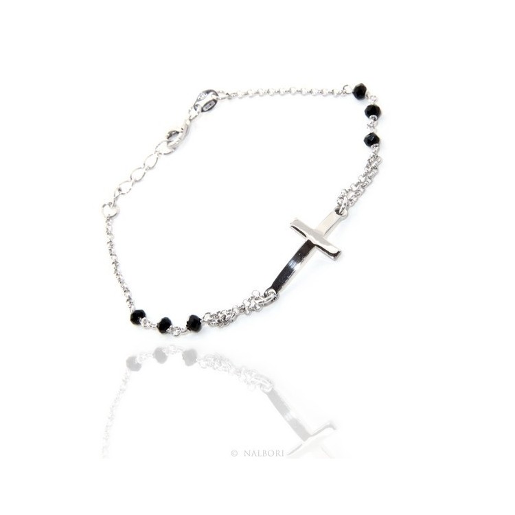 RMB|Bracciale rosario uomo donna in Argento 925 croce convessa e cristallo nero. Misura 16,50 - 19,00