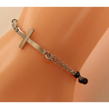 RMB|Bracciale rosario uomo donna in Argento 925 croce convessa e cristallo nero. Misura 16,50 - 19,00