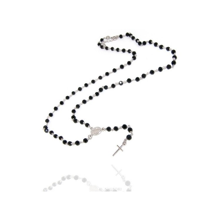 RMB|925 Silver Rosary Men's Necklace With Round Black Crystal 4mm Miraculous Madonna Cross 60 + 5