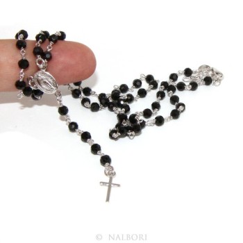 RMB|Collana Rosario uomo Argento 925 Con cristallo nero tondo 4mm croce madonna miracolosa 60+5