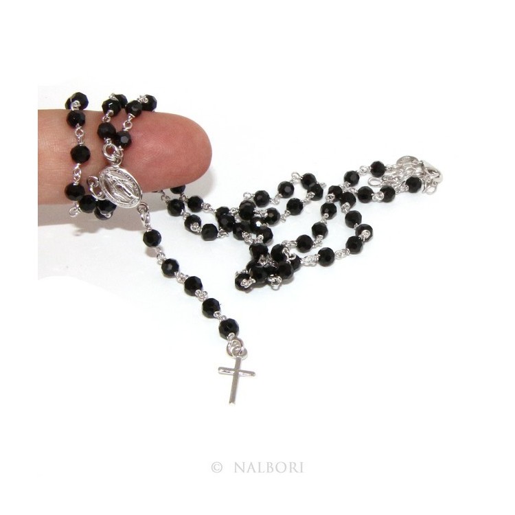 RMB|925 Silver Rosary Men's Necklace With Round Black Crystal 4mm Miraculous Madonna Cross 60 + 5
